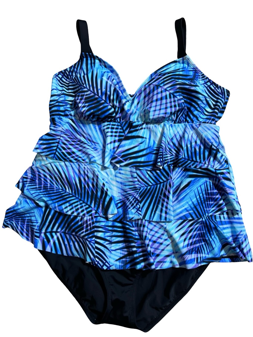 Swim Solutions women’s Triple Tier One Piece Swimsuit Blue Palm Print Size 18 - Picture 2 of 12